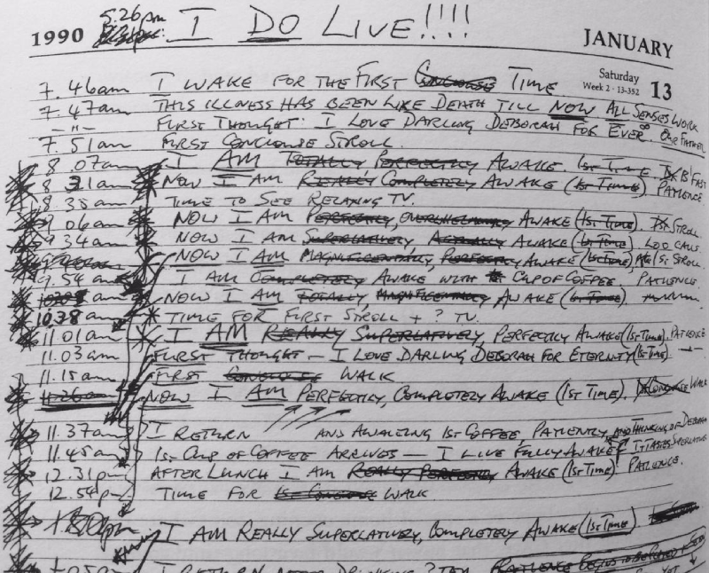 Clive's diary entries showing loops of awakening